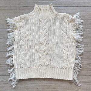 Sage Cream Cable Knit Turtleneck Sweater w/ Fringe – Size Small